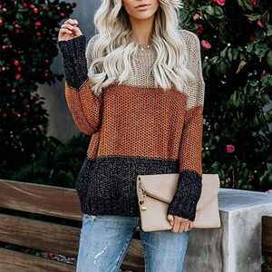 Merokeety Fashion Colorblock Crewneck Sweater in Cream, Coral & Navy